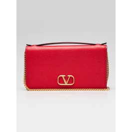 Valentino Valentino Red Pebbled Leather VLogo Wallet On Chain Bag