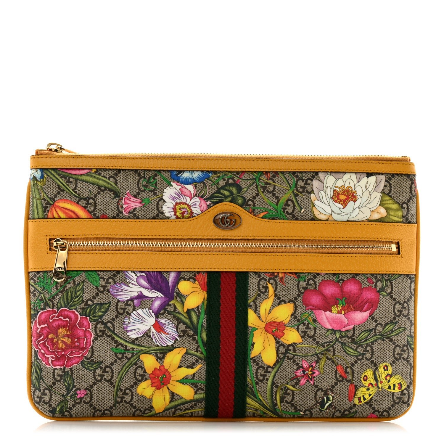 Gucci GG Supreme Monogram Flora Large Ophidia Pouch Clutch Beige Multicolor Crop