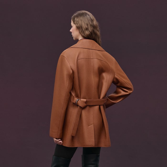 Marron Fauve Leather Pea Coat