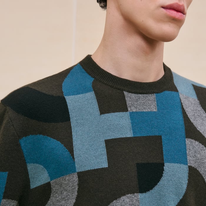 Kaki Cashmere "Intarsia Maillon Puzzle" Crewneck Sweater