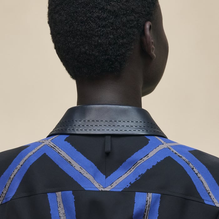 Bleu Noir "Carreaux a Main Levee" Mixed Leather Details Drawstring Shirt