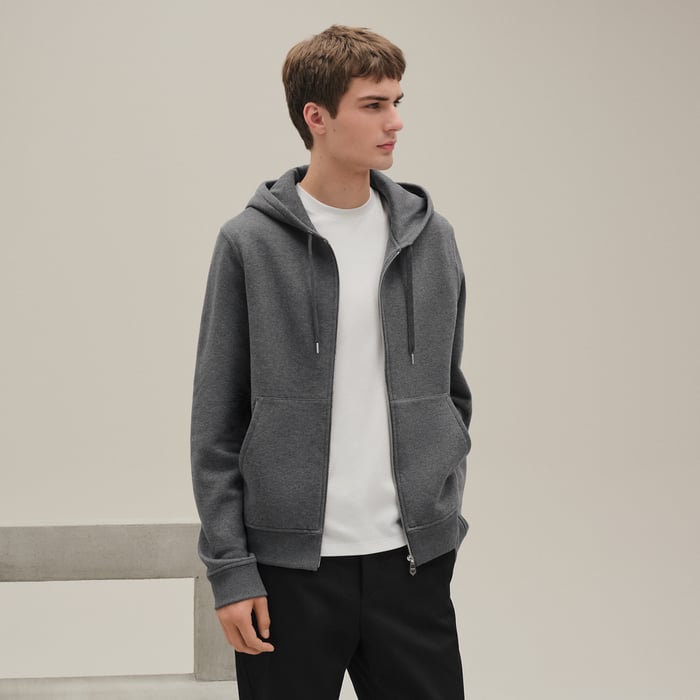 Gris Chiné Foncé "Ex-libris" Hooded Sweater With Silk Detail