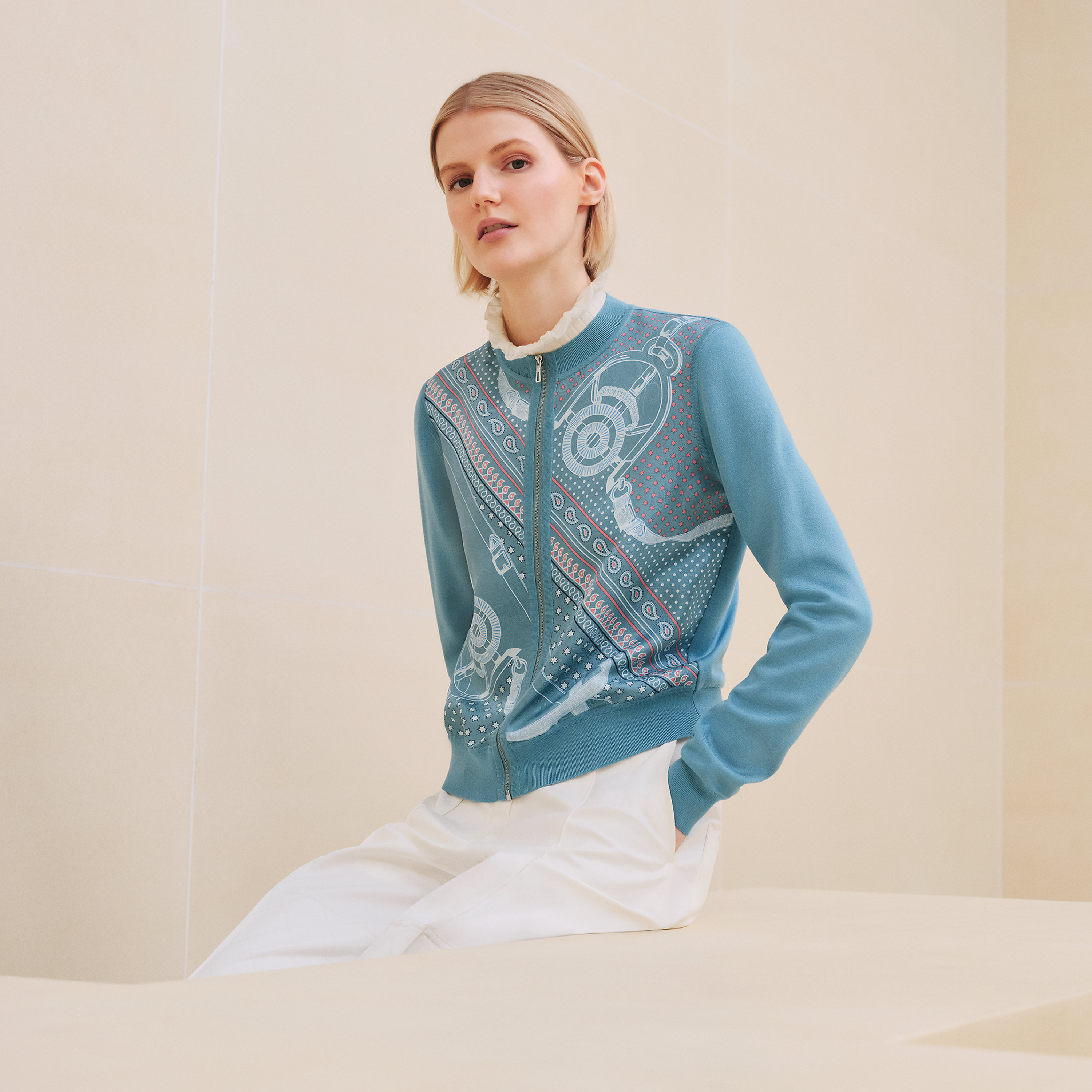 "Eperon d'Or Bandana" long-sleeve zipped twillaine cardigan
