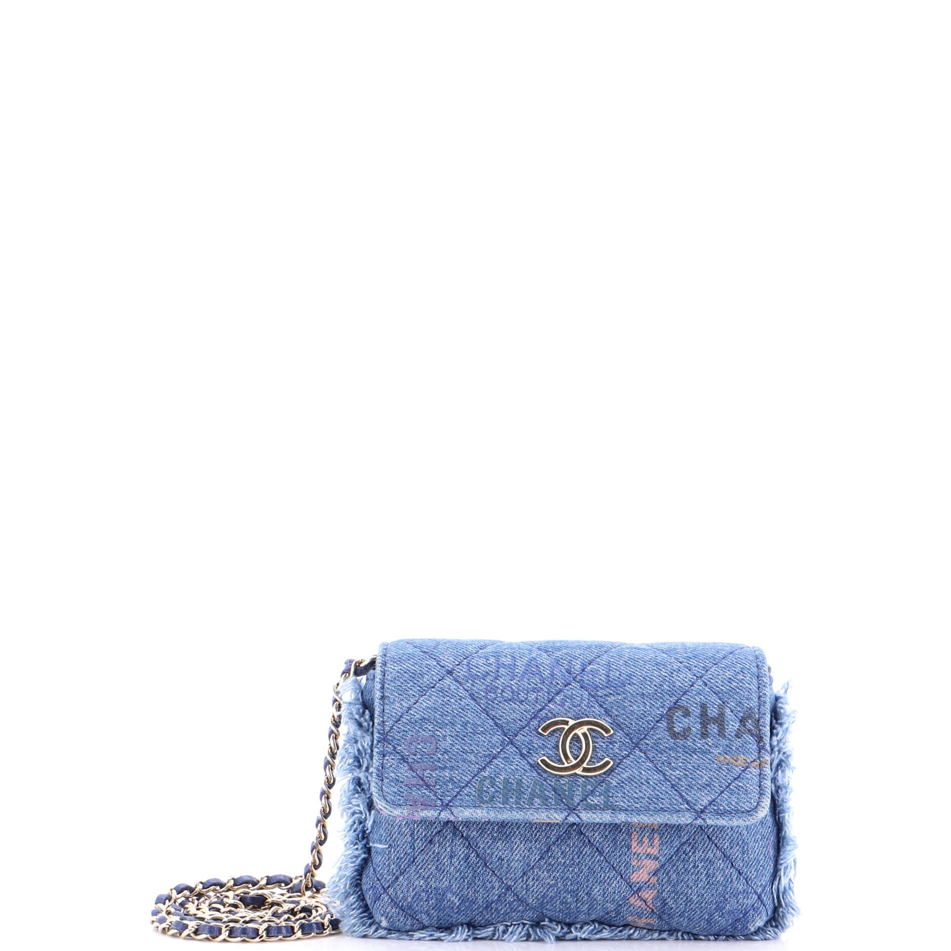 Chanel Denim Mood Flap Clutch with Chain Logo Printed Quilted Fringe Denim