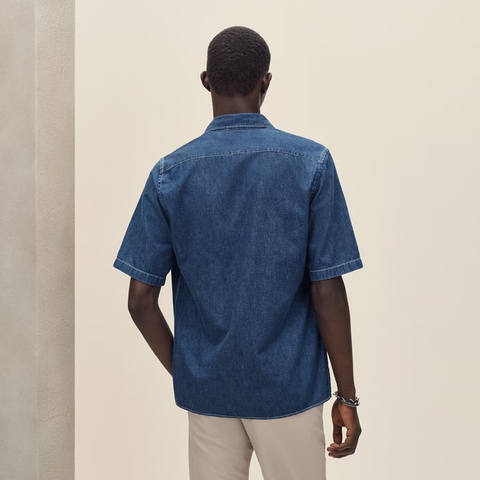 Indigo Lavé Short-sleeve Straight Cut Shirt With Notched Collar
