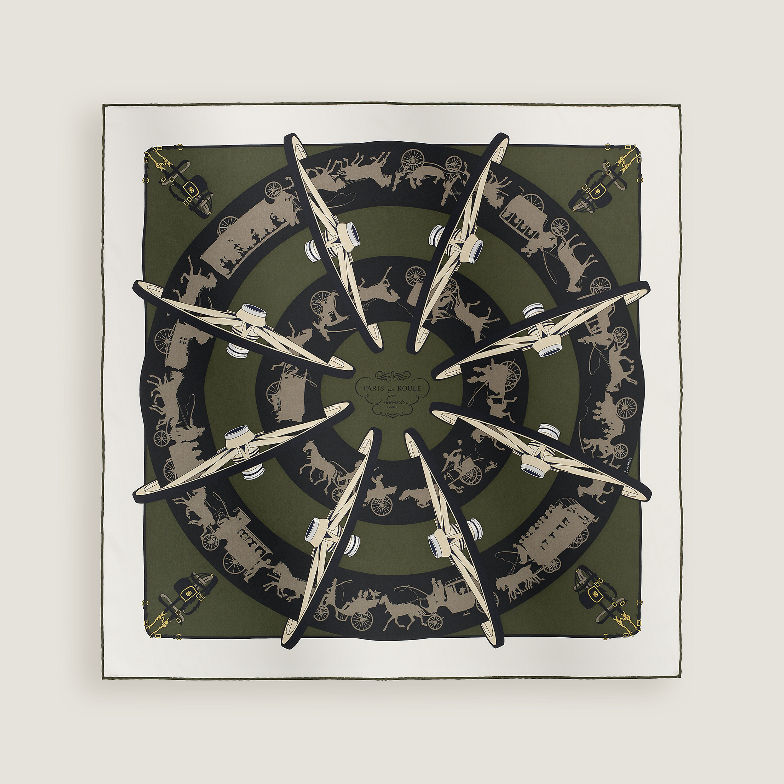 Hermès Paris Qui Roule scarf 70 Blanc/Vert Loden/Étoupe | BagUSeek