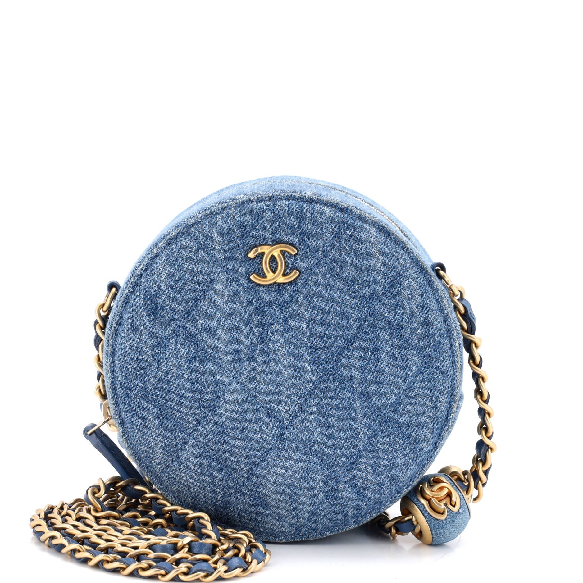 Pearl Crush Round Clutch with Chain Quilted Denim