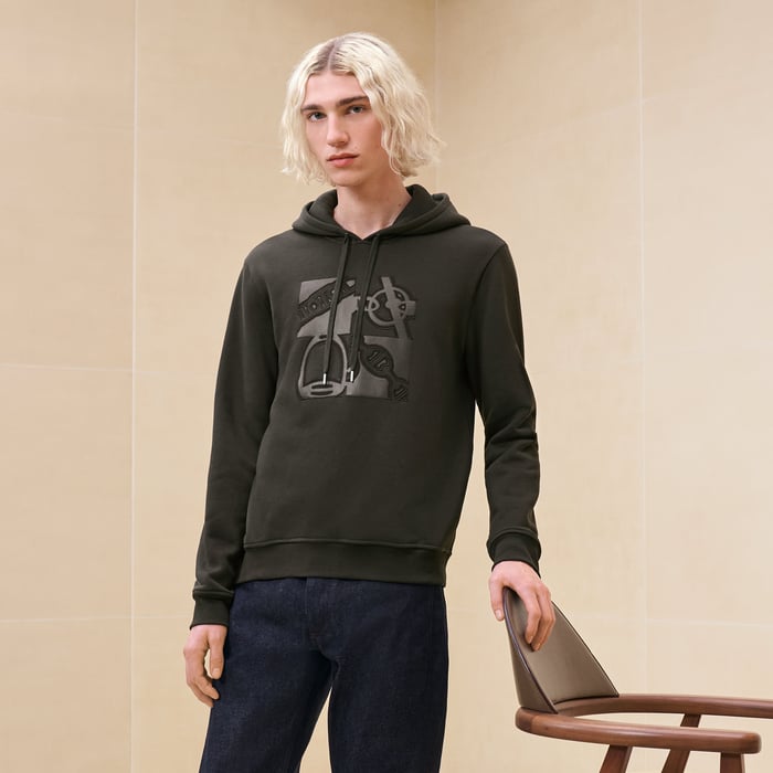 Kaki "Metallerie Au Carre" Hooded Sweater With Leather Detail