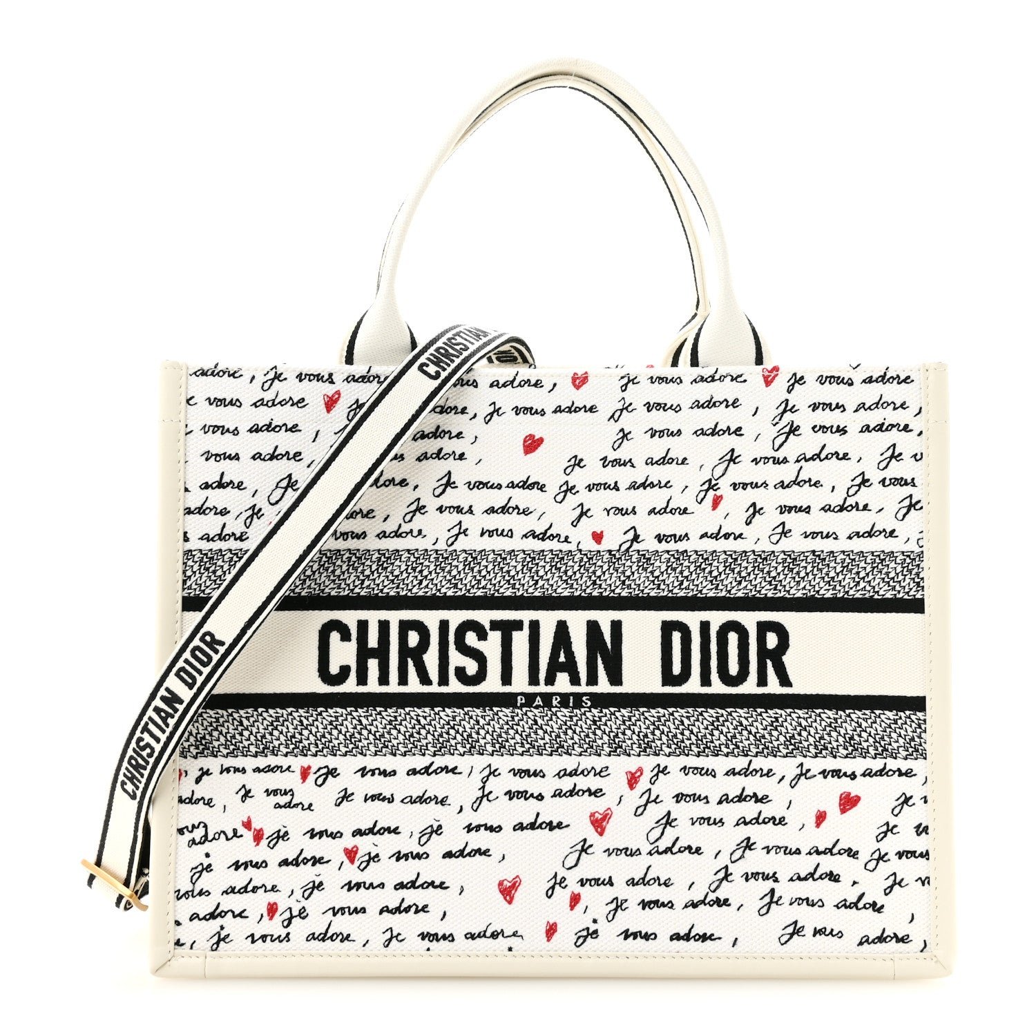 Christian Dior Calfskin Canvas Embroidered Medium Dioramour Je Vous Adore Book Tote With Strap White Black Red