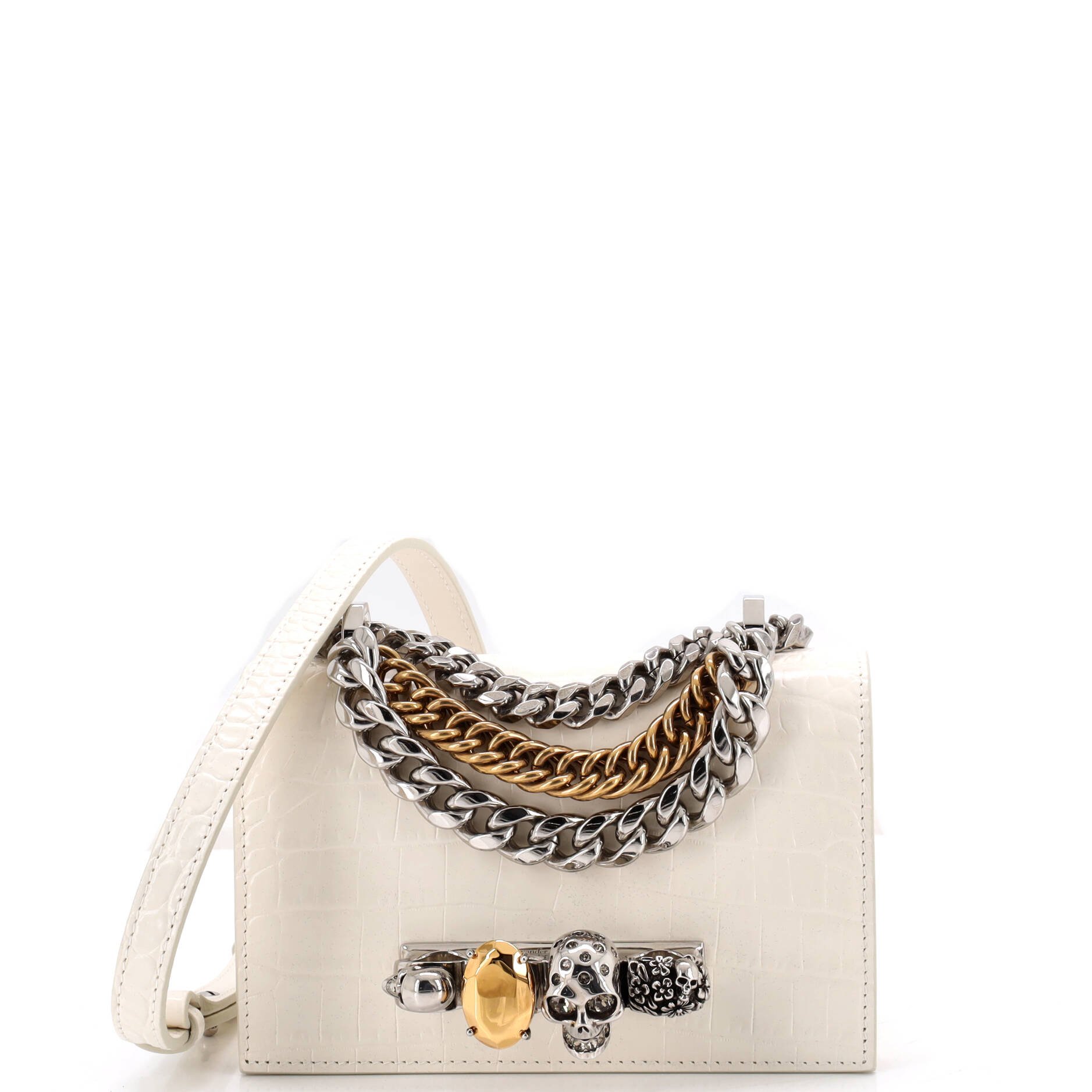 Alexander McQueen Jeweled Flap Bag Crocodile Embossed Leather Small
