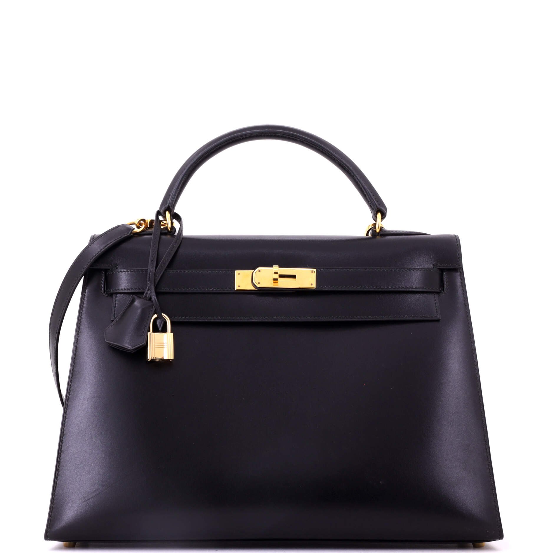 Kelly Handbag Noir Box Calf with Gold Hardware 32