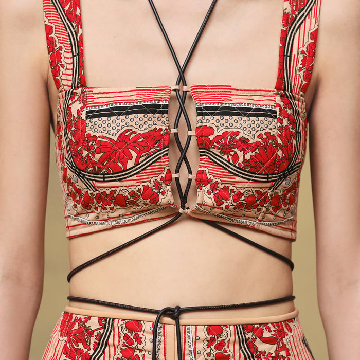 Beige Cajou "Aux Champs En Fleurs Raye" Quilted Bra