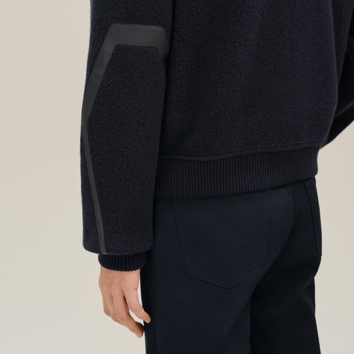 Marine Zipped Varsity Cardigan With Leather Detail
