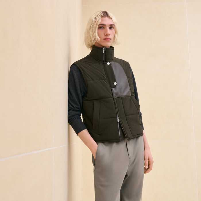 Kaki Quilted Vest With Leather Detail