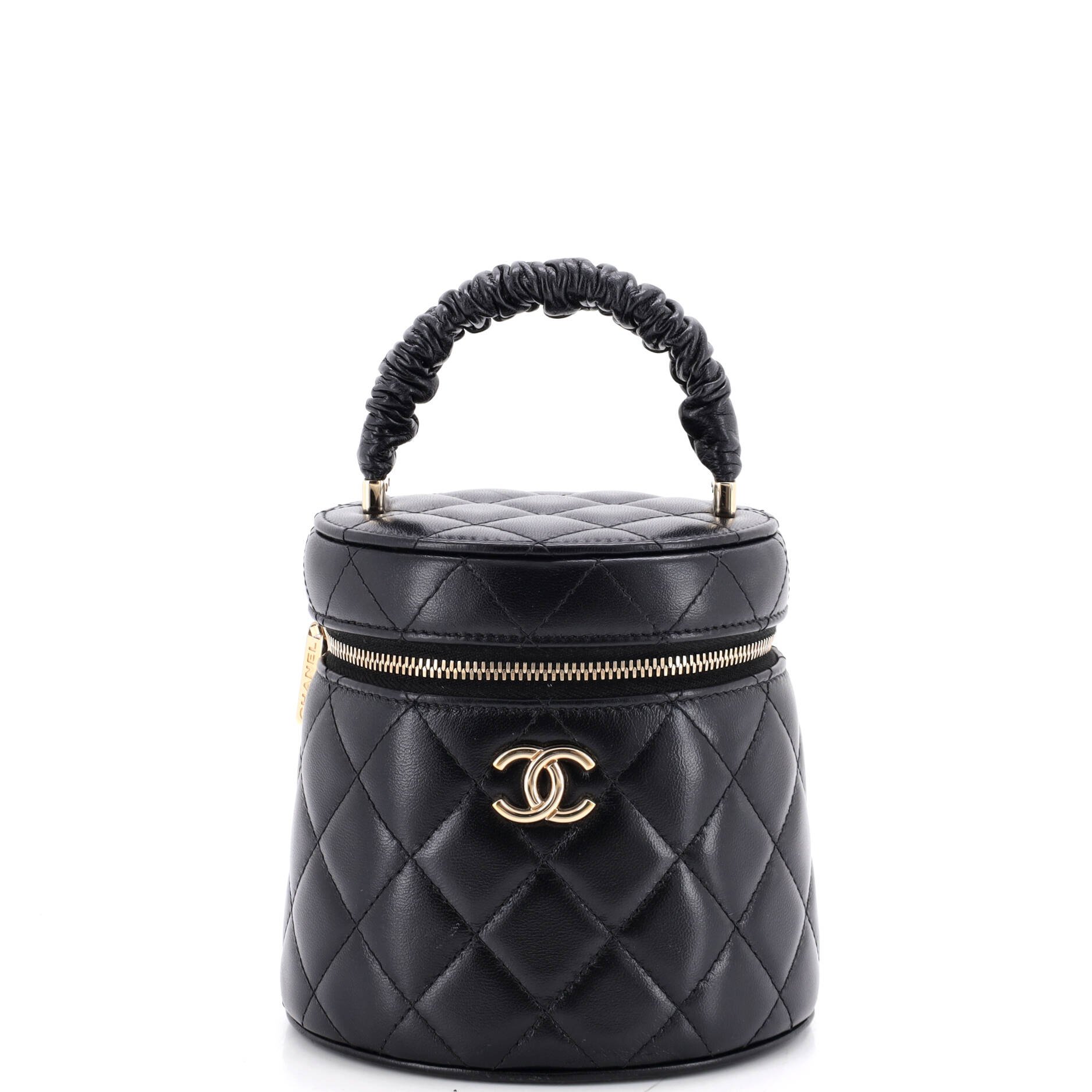 CC Ruched Top Handle Vanity Case Quilted Lambskin Small