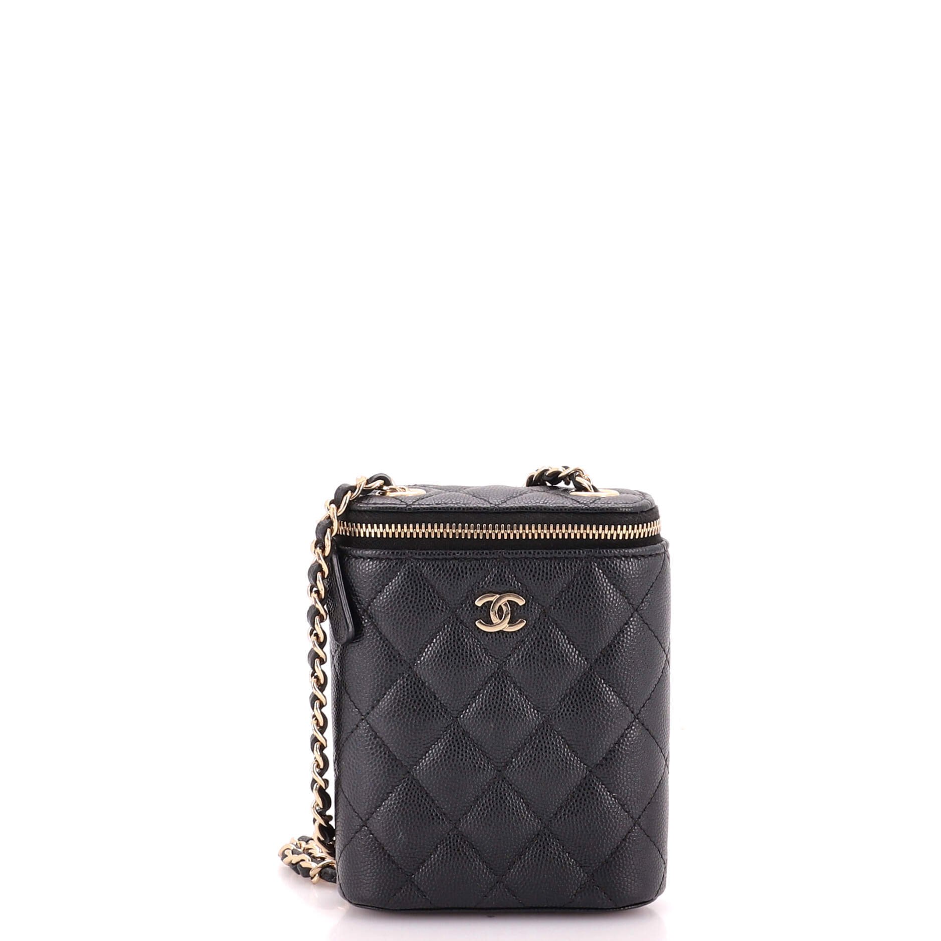 Vertical Classic Vanity Case with Chain Quilted Caviar Small
