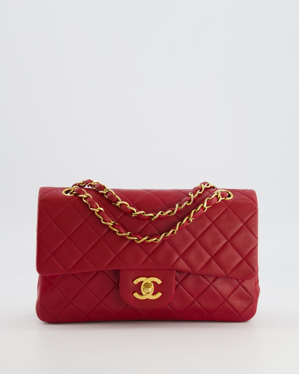 Chanel Vintage Small Classic Double Flap Bag in Red Lambskin Leather with 24K Gold Hardware