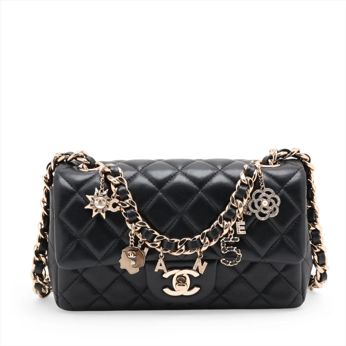 Chanel Mini Matelasse Lambskin Chain Shoulder Bag Black Gold Metal Fittings 30 A