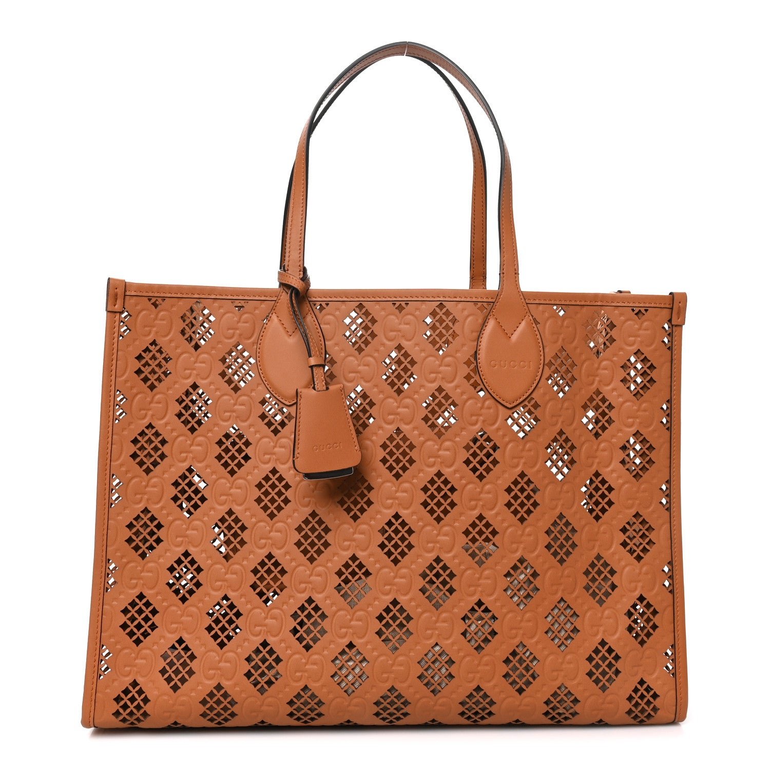 Gucci Calfskin GG Monogram Diamond Cut Medium Ophidia Tote Bag Brown