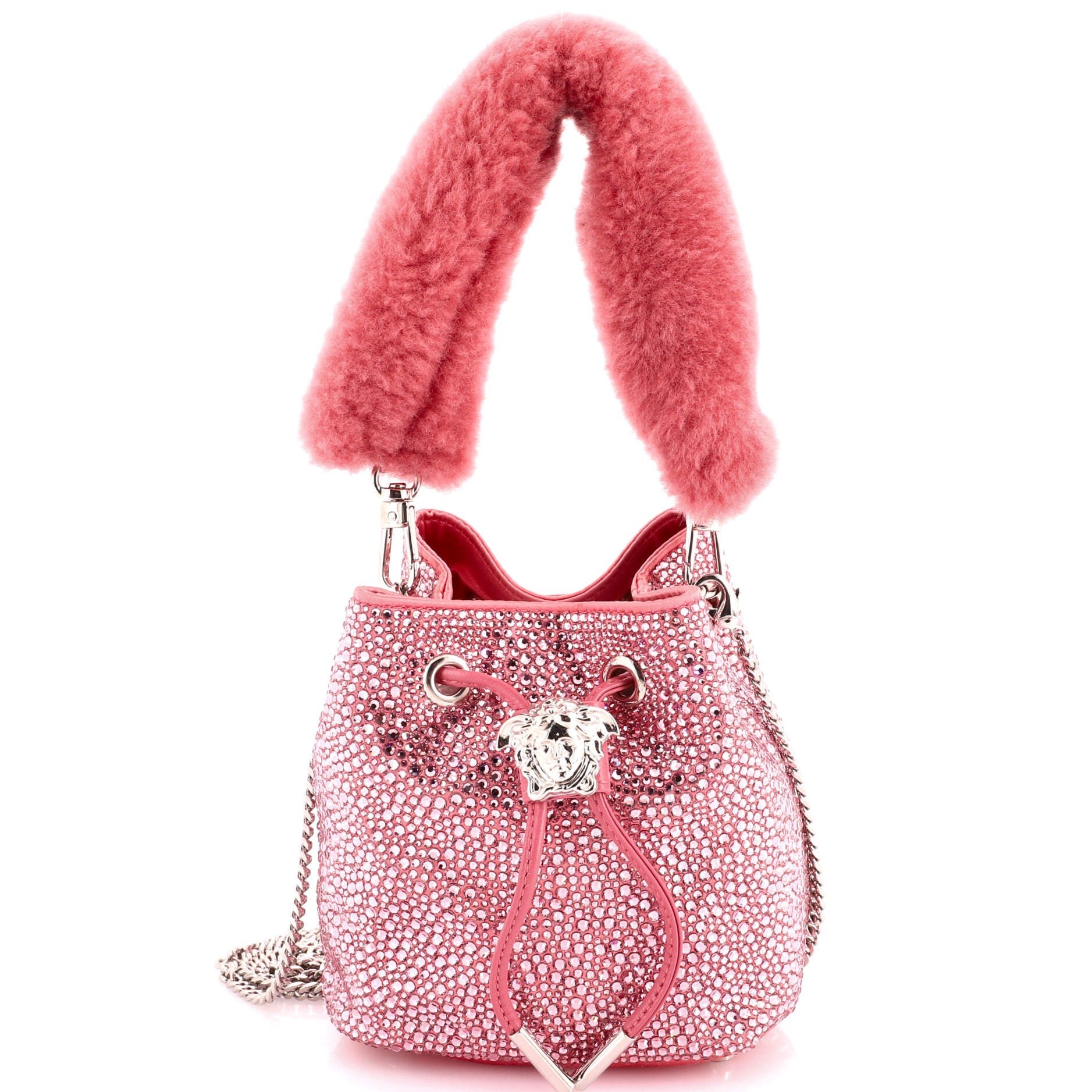 La Medusa Drawstring Bucket Bag Crystal Embellished Satin with Shearling Mini