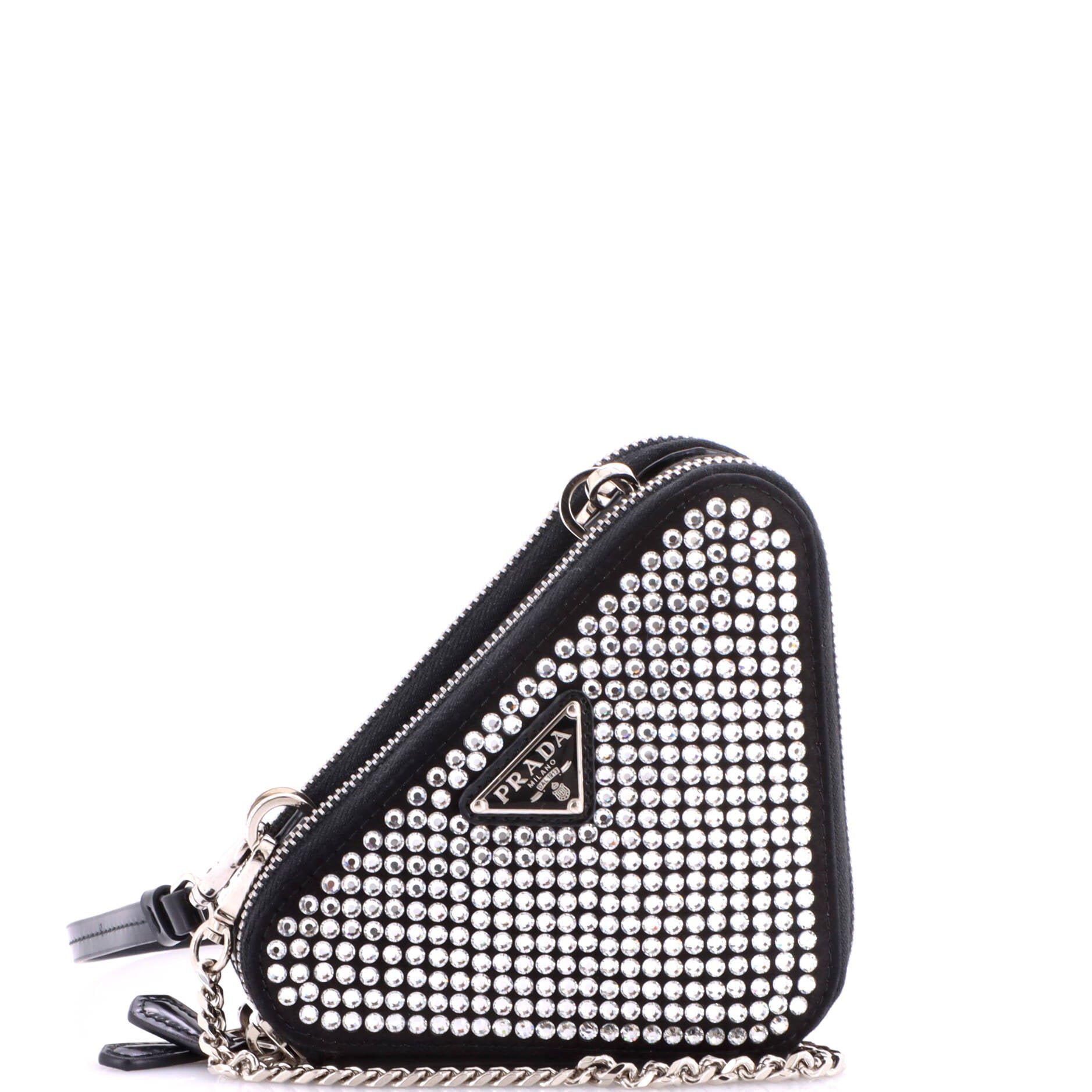 Triangle Double Pouch Crossbody Crystal Embellished Satin Mini