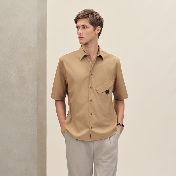 Kraft Short-sleeve Straight Cut Shirt With Leather Detail
