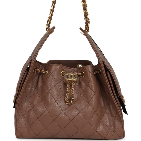 Chanel Small 25 Hobo Bag Brown Caviar Antique Gold Hardware
