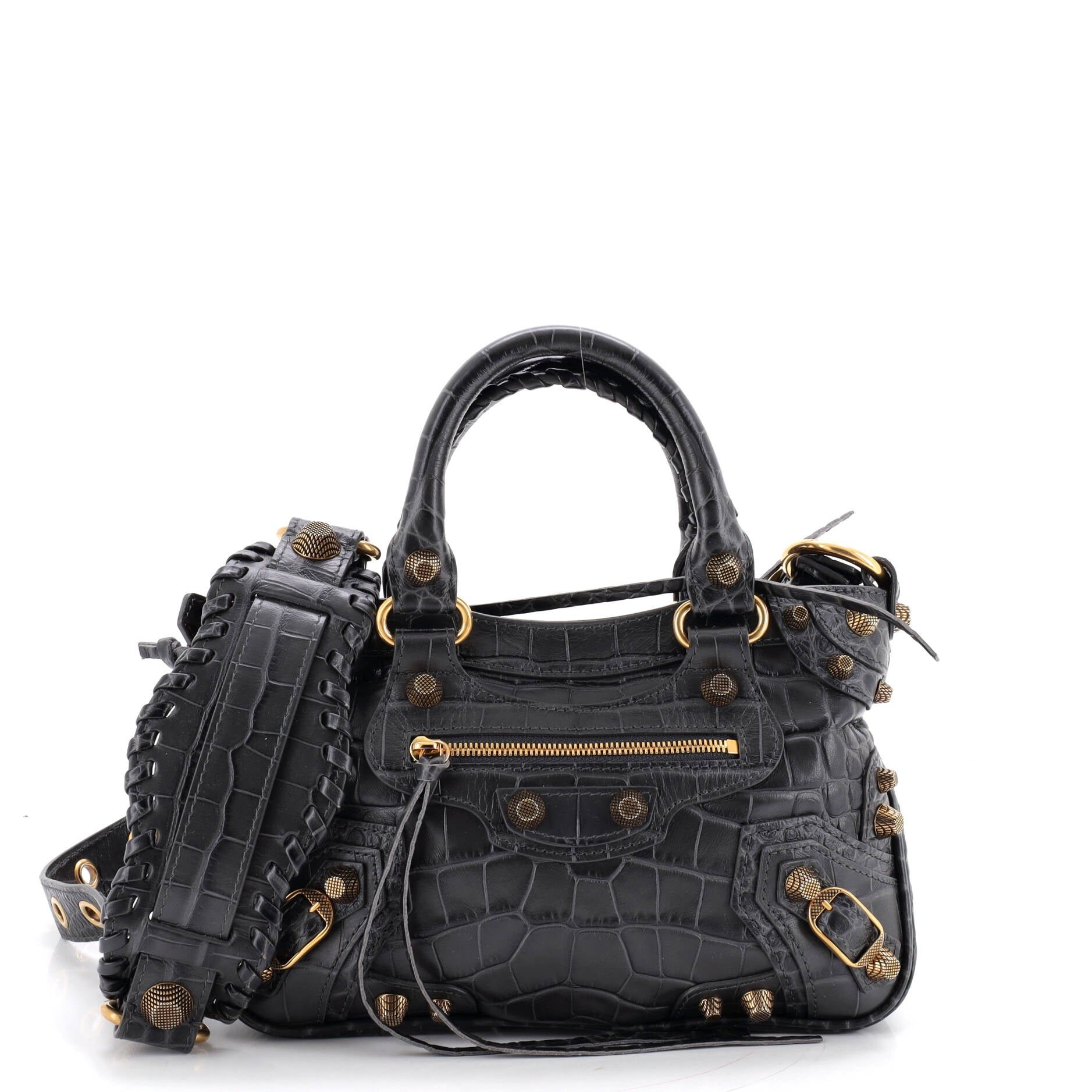 Le Cagole Giant Studs Tote Crocodile Embossed Leather Small