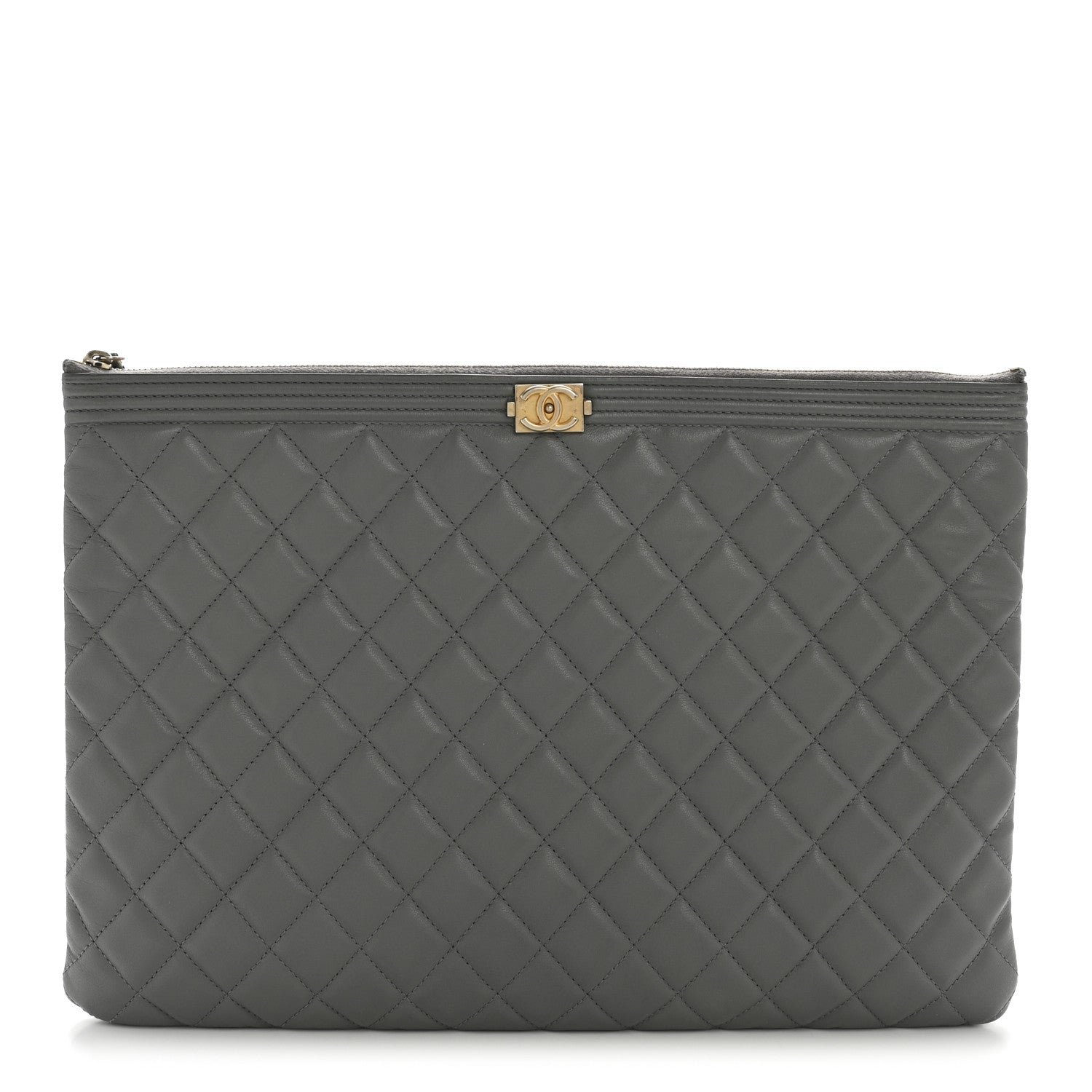 Chanel Lambskin Quilted Large Boy Zip Pouch Grey