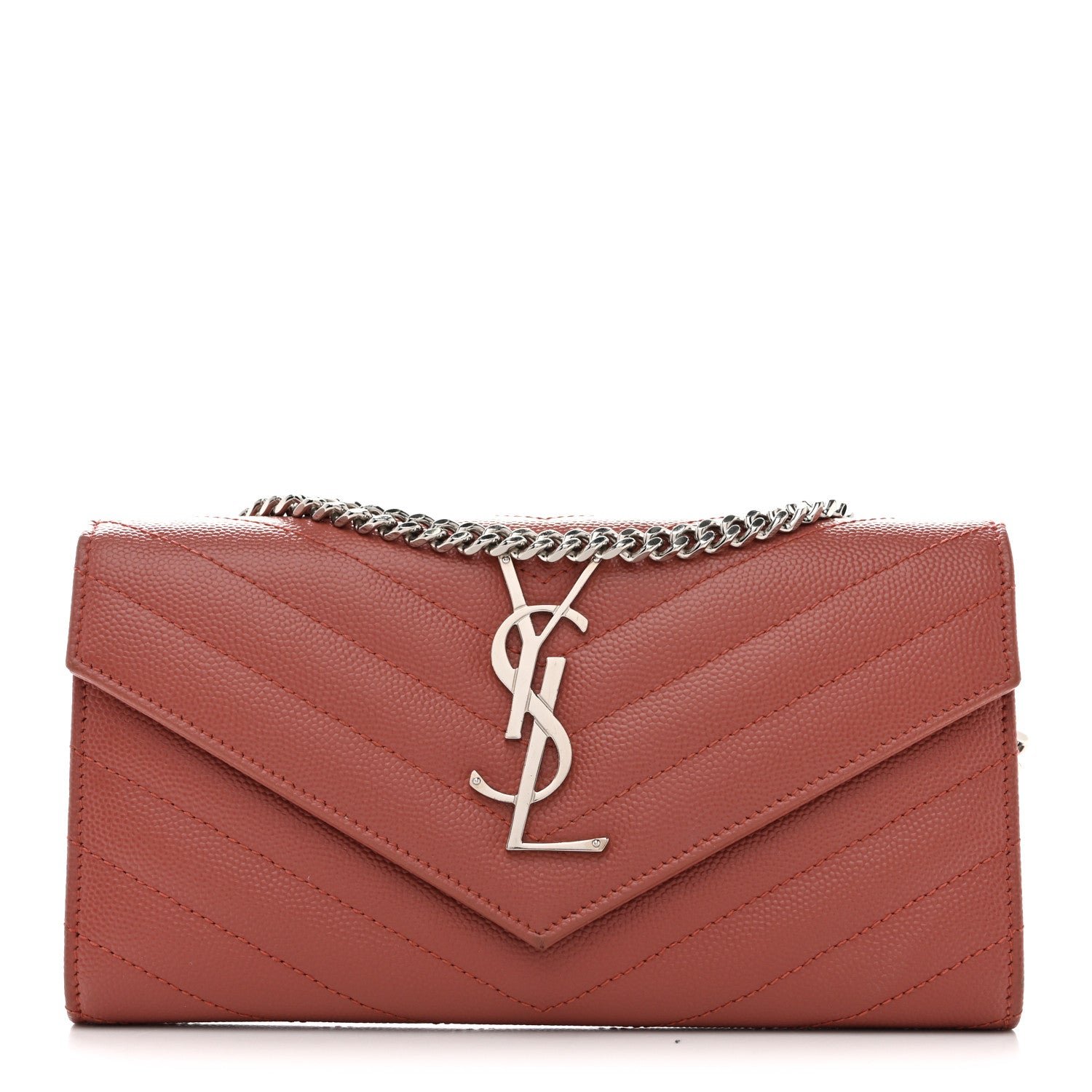 Saint Laurent Grain De Poudre Matelasse Chevron Small Monogram Chain Wallet Blush Fonce