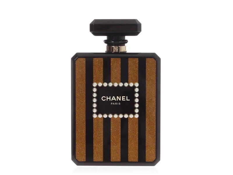 Chanel Black and Gold Plexiglass Perfume Bottle Minaudière Gold Hardware, 2017