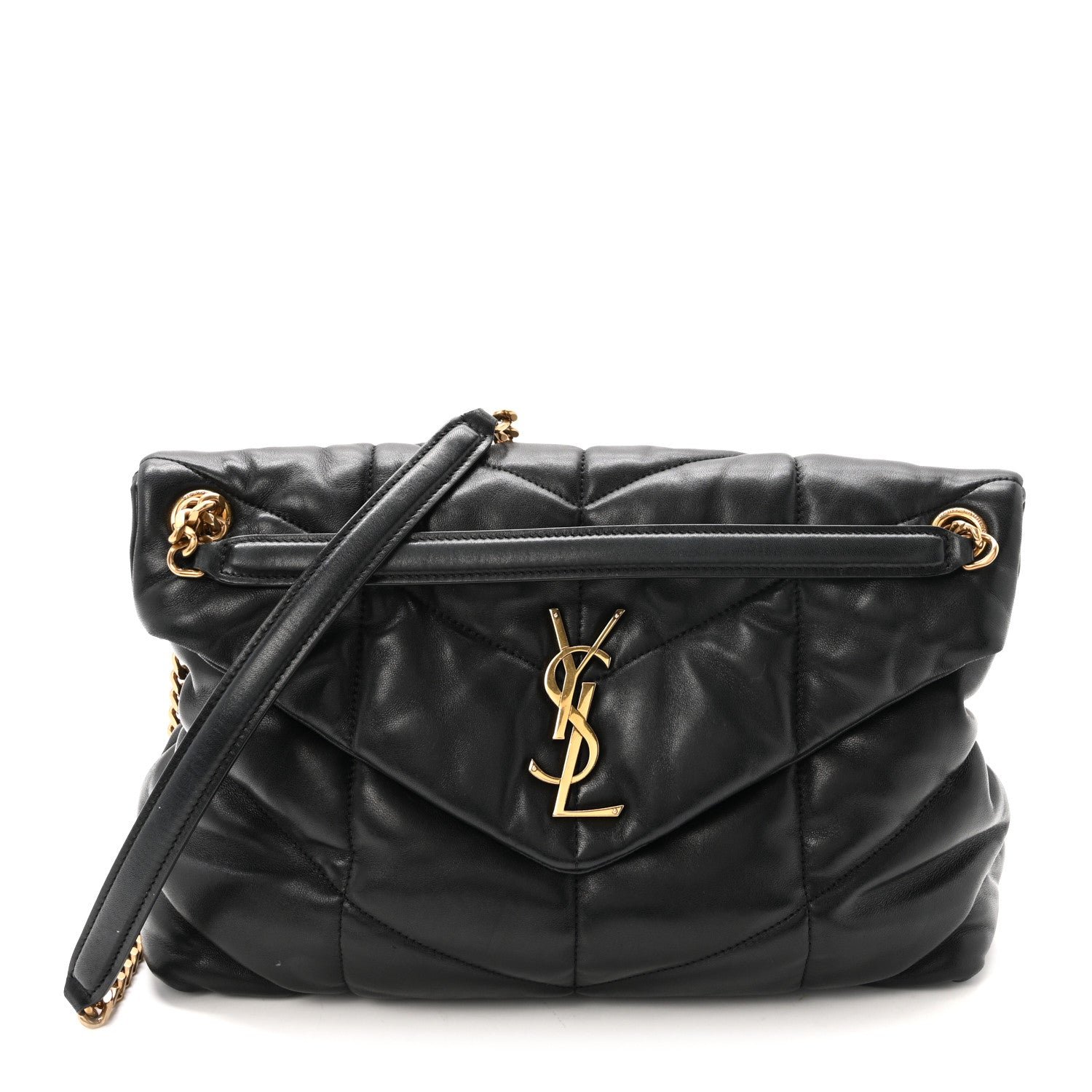 Saint Laurent Lambskin Quilted Medium Loulou Puffer Monogram Chain Satchel Black