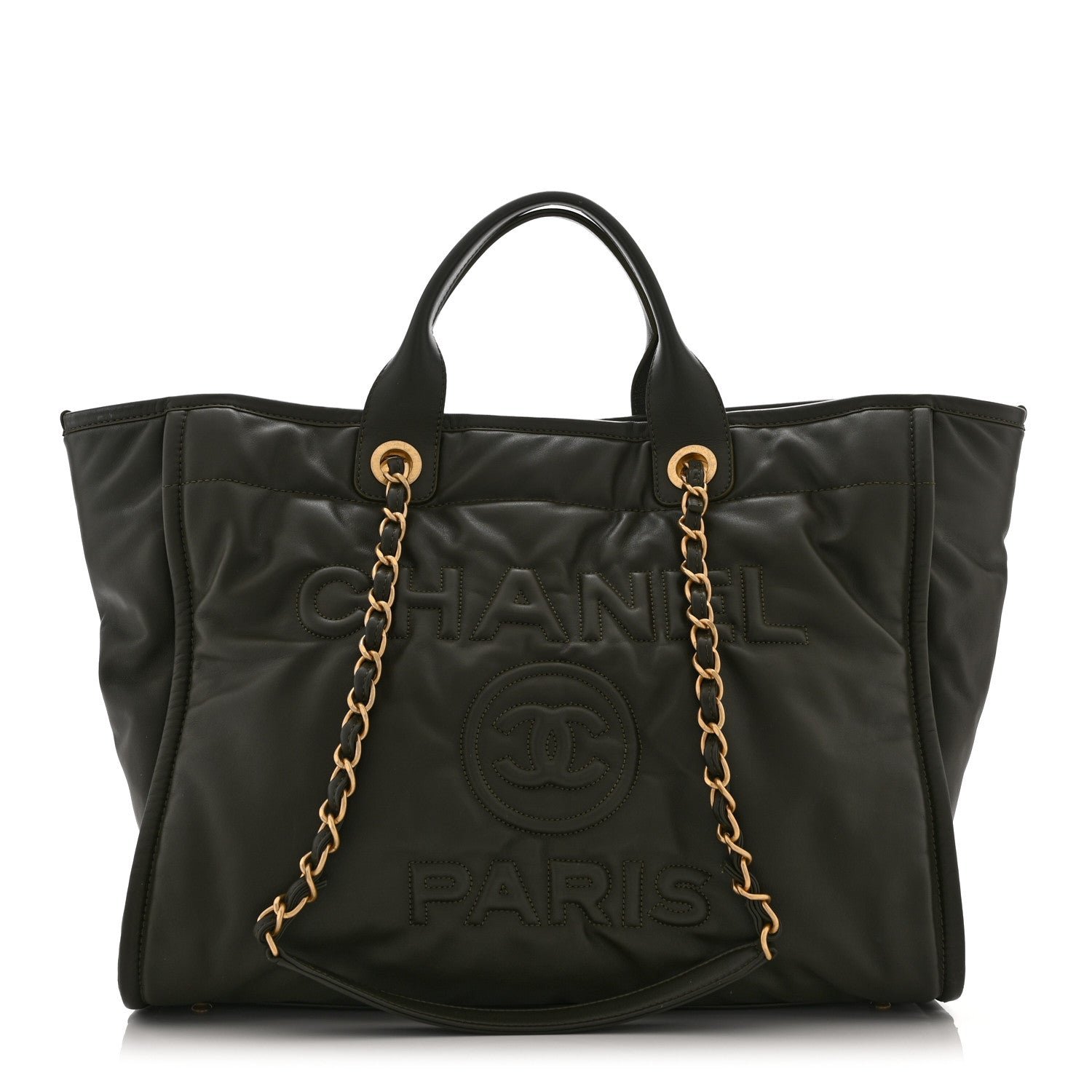 Chanel Calfskin Embossed Medium Deauville Tote Khaki