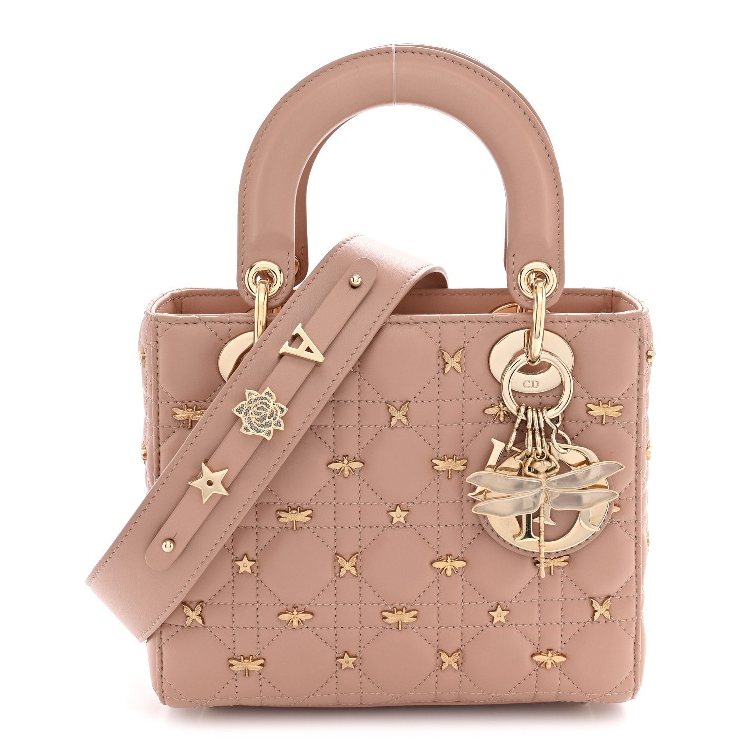 Dior Lambskin Cannage Dragonfly Studs Small Lady Dior Rose Des Vents