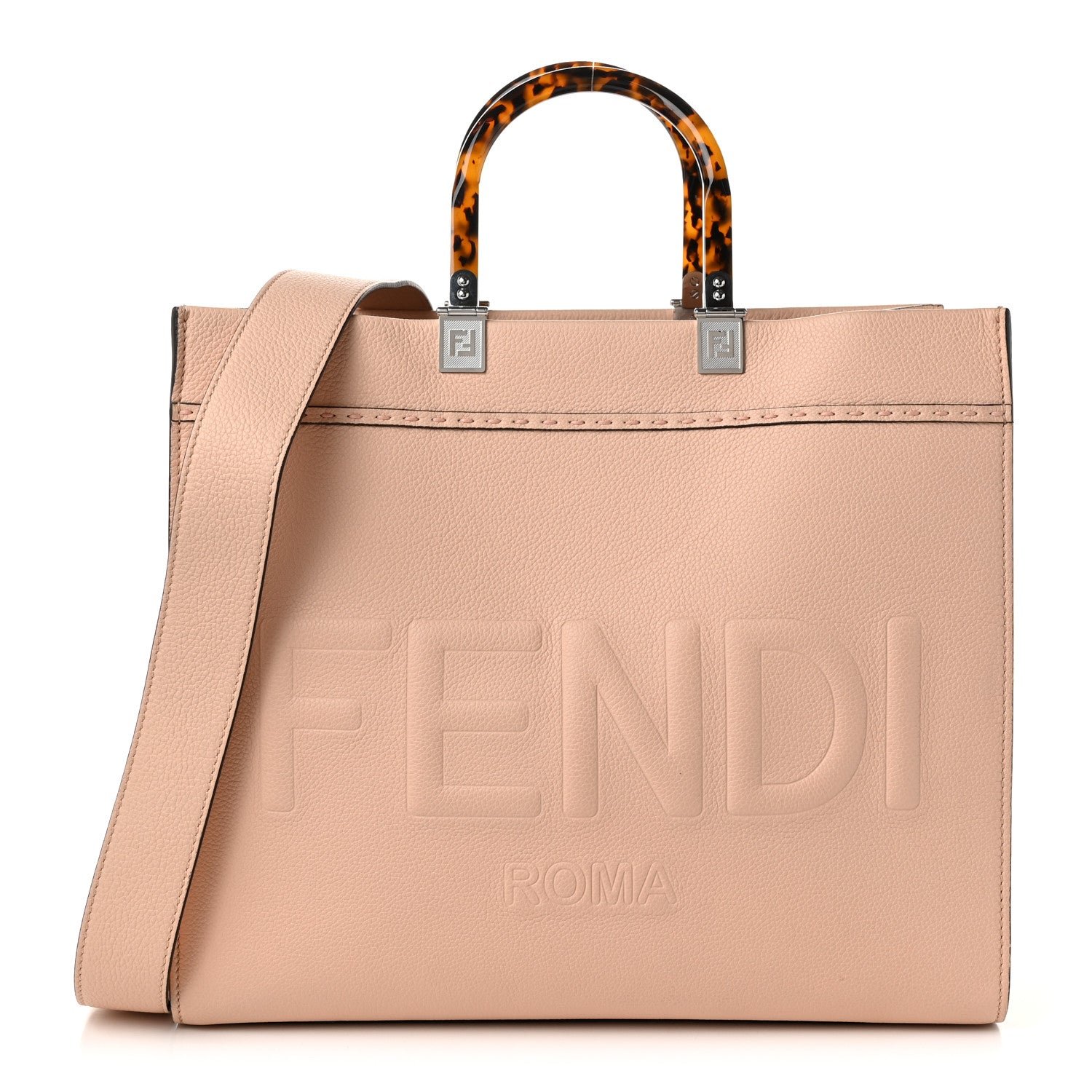 Fendi Vitello Cher Logo Debossed Medium Fendi Sunshine Shopper Tote Light Rose