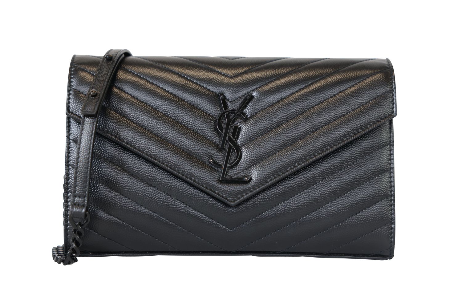 Saint Laurent Cassandre Envelope Chain Wallet Bag, Black Chevron Leather and Black Hardware, Preowned in Dustbag WA001