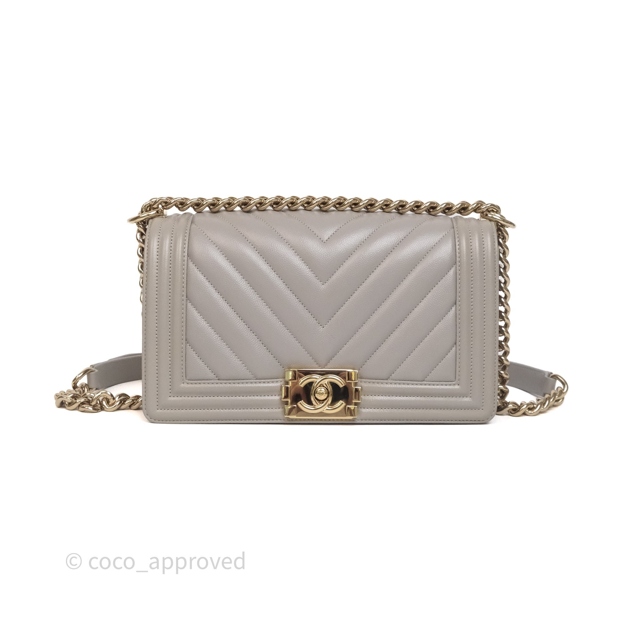 Chanel Medium Boy Quilted Gray Chevron Light Gold Hardware