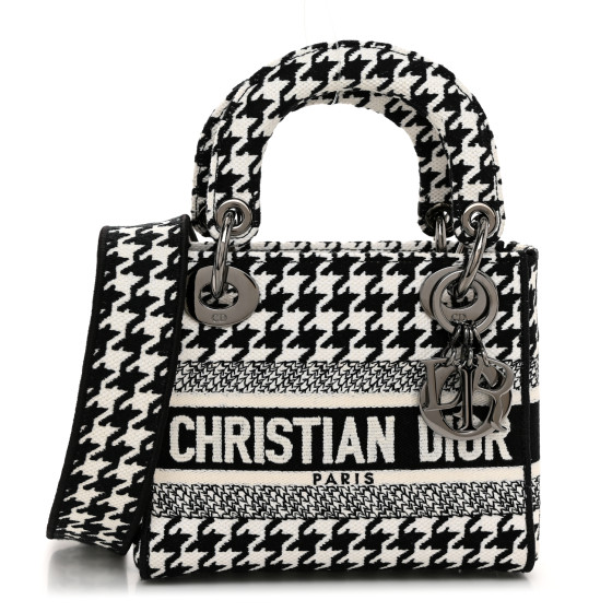 Dior Canvas Houndstooth Embroidered Mini Lady D-Lite Black White