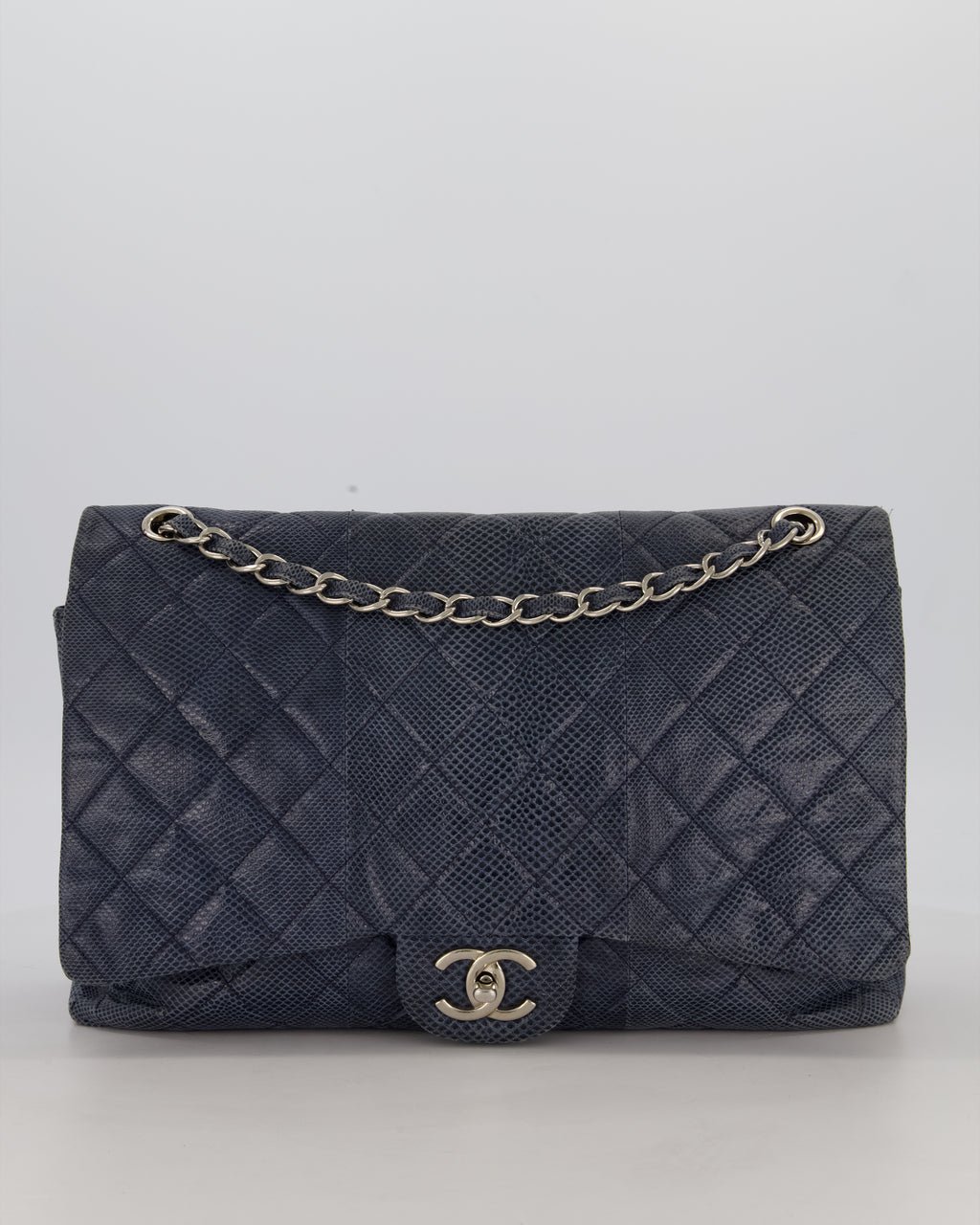 Chanel Blue Classic Maxi Double Flap in Exotic Python Leather with Silver Hardware