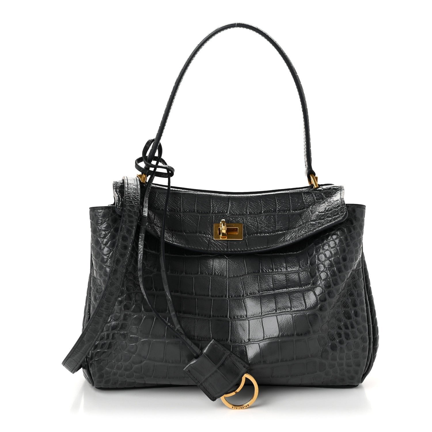 Balenciaga Shiny Calfskin Crocodile Embossed Small Rodeo Top Handle Handbag Volcanic Rock