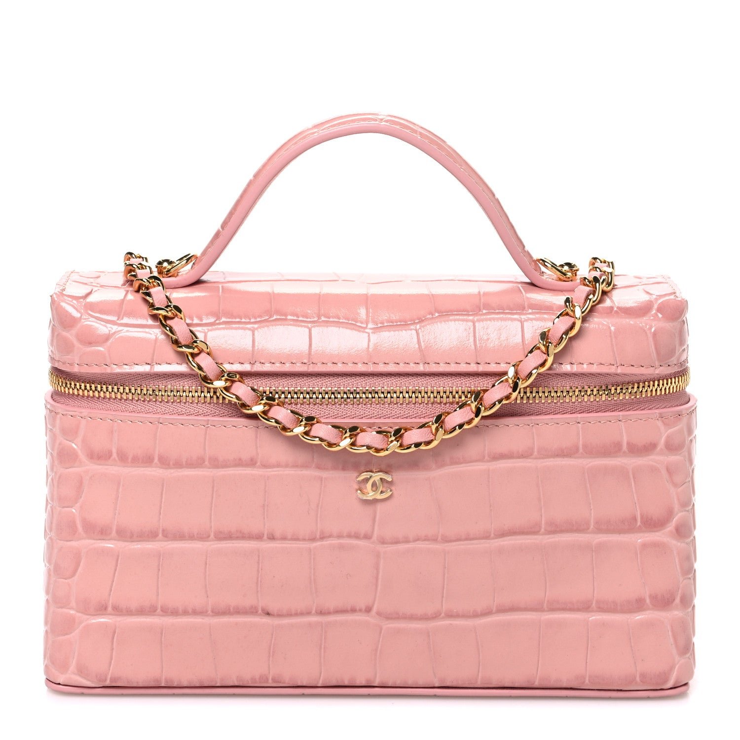 Chanel Calfskin Crocodile Embossed Crococo Exoticoco Vanity With Chain Light Pink