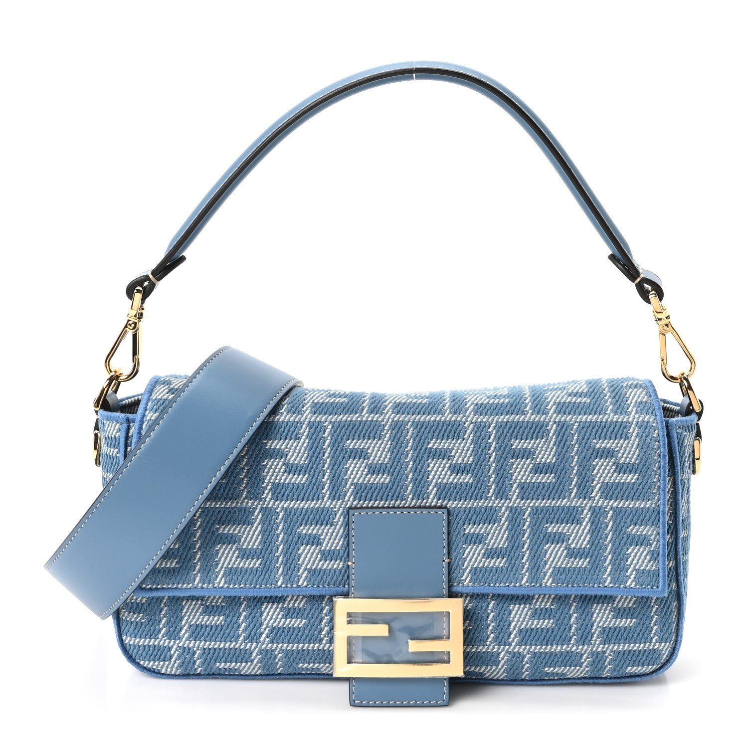 Fendi Denim Effect Fabric Jacquard FF Vitello Grace Mamma Baguette Blue