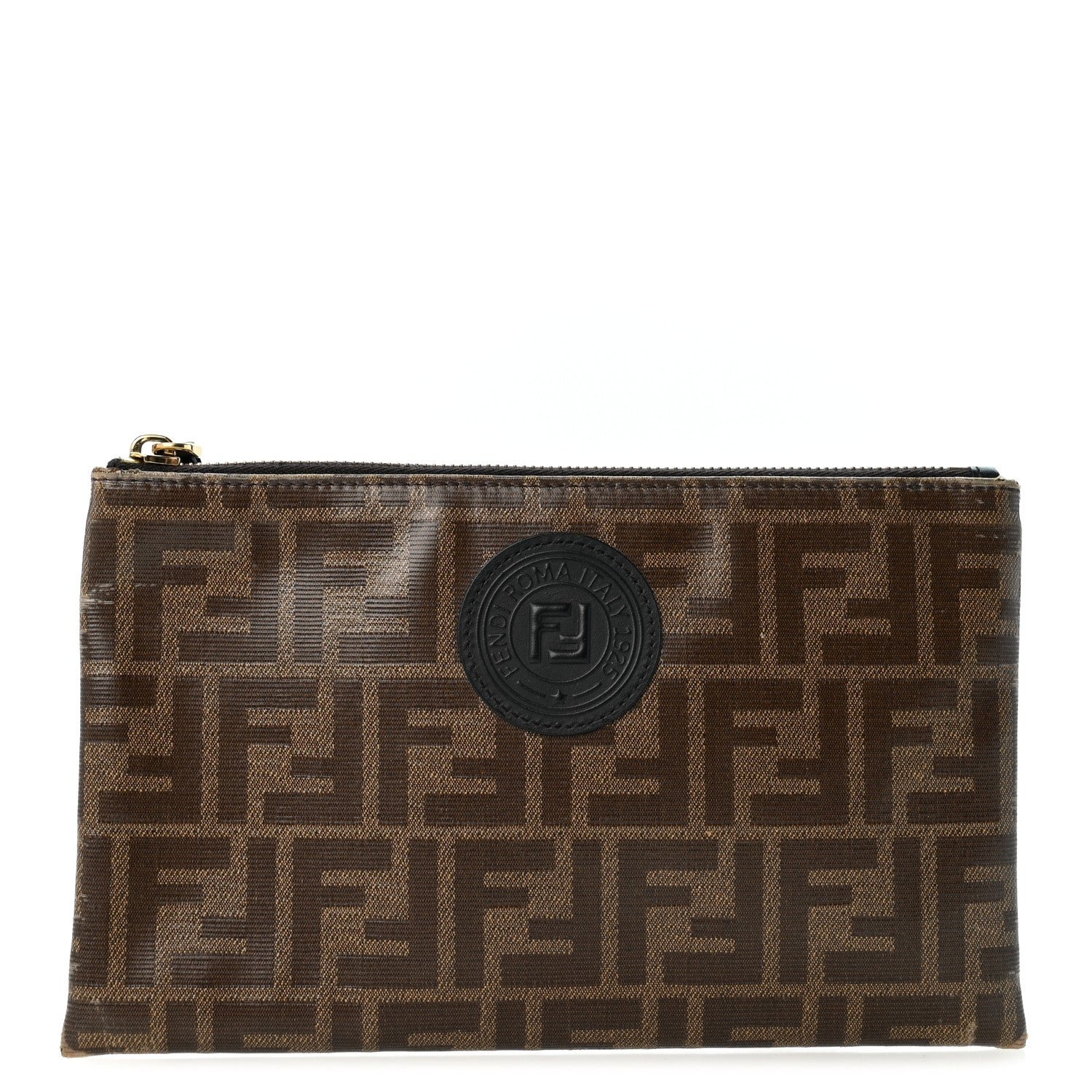 Fendi Glazed Fabric Vitello Century FF 1974 Stamp Patch Small FFreedom Flat Pouch Mogano Panna Black