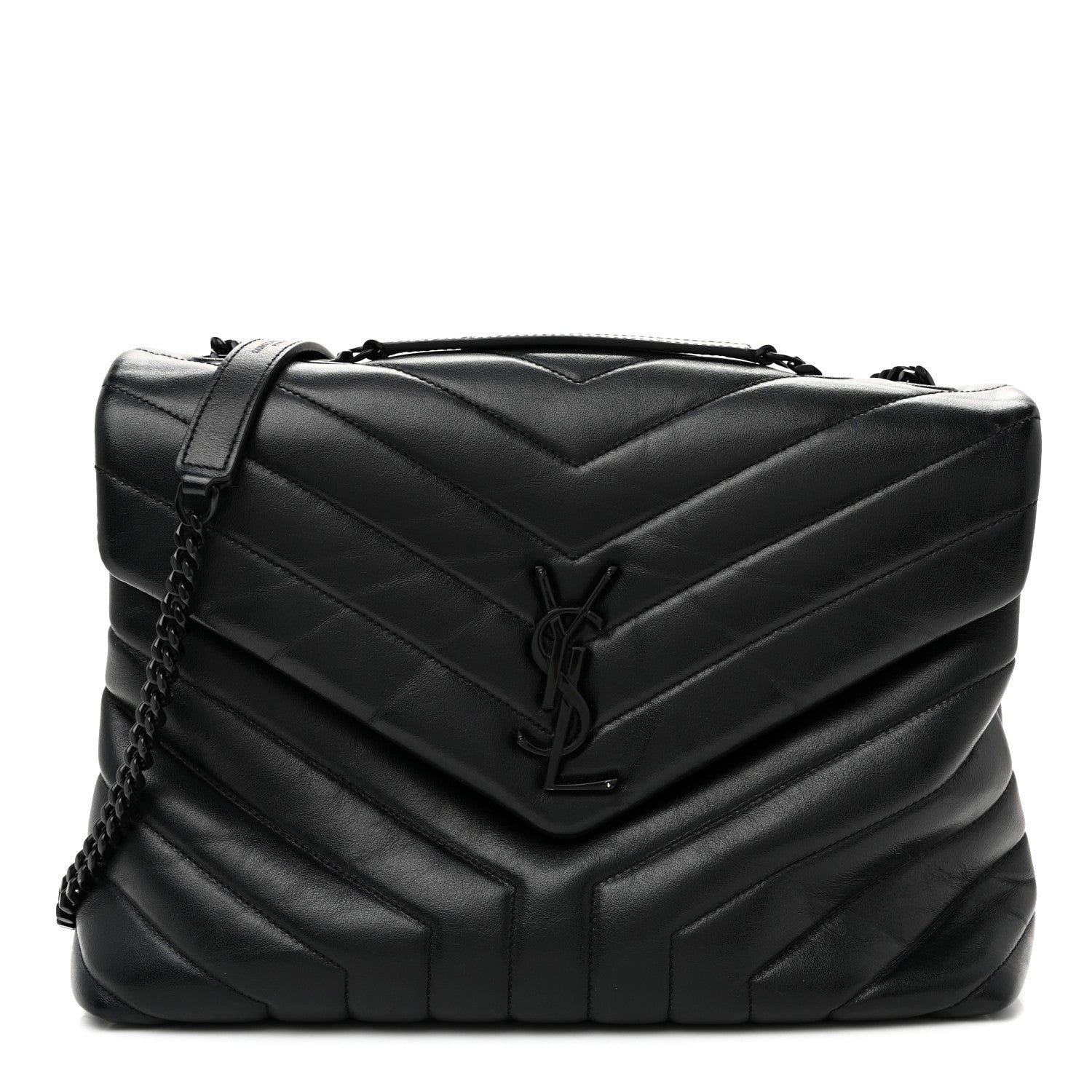 Saint Laurent Calfskin Y Quilted Monogram Monochrome Medium Loulou Chain Satchel Black