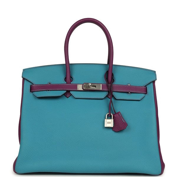 Hermes Pre-owned Hermes Special Order (HSS) Birkin 35 Bleu Izmir and Anemone Togo Brushed Palladium Hardware