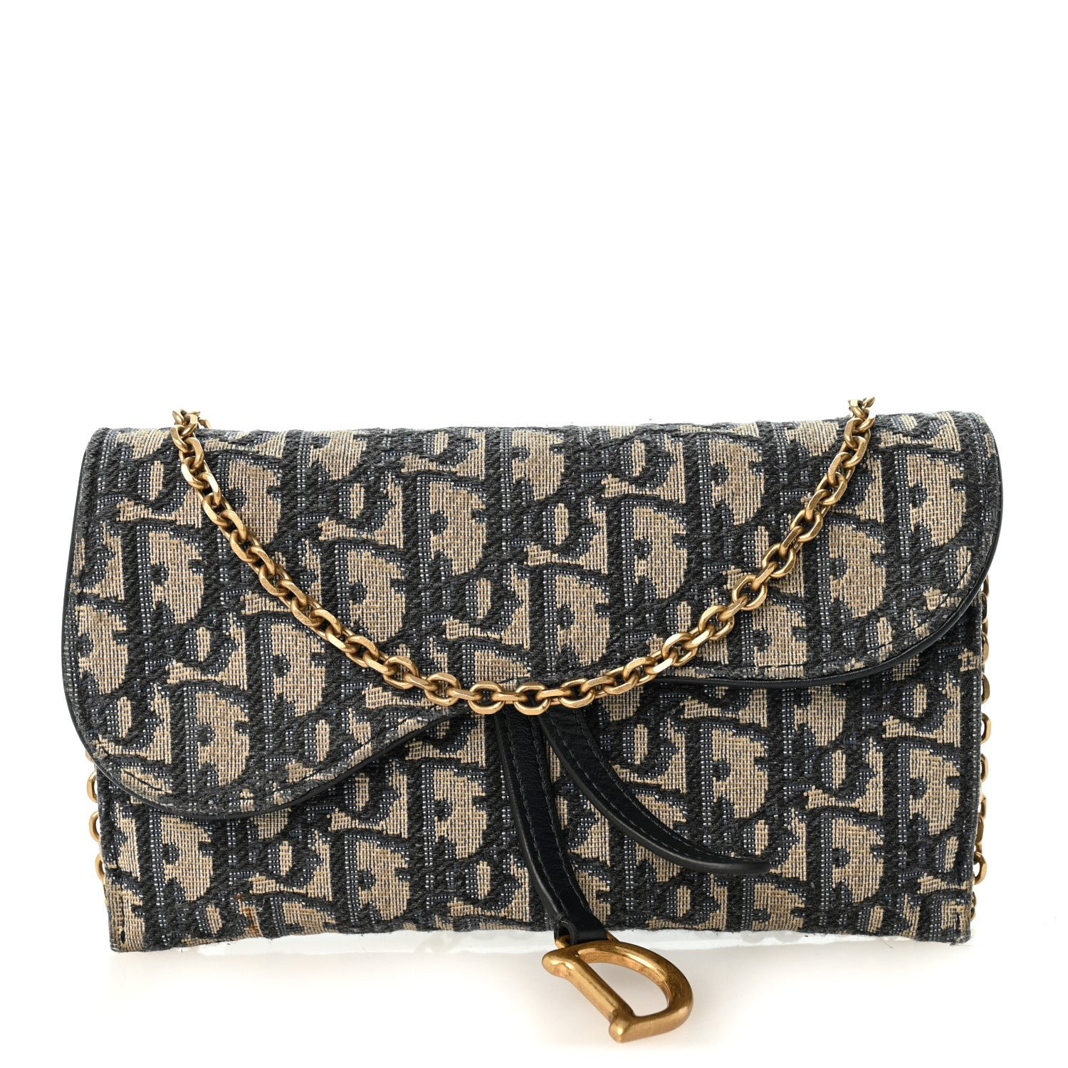 Christian Dior Oblique Saddle Chain Long Wallet Blue