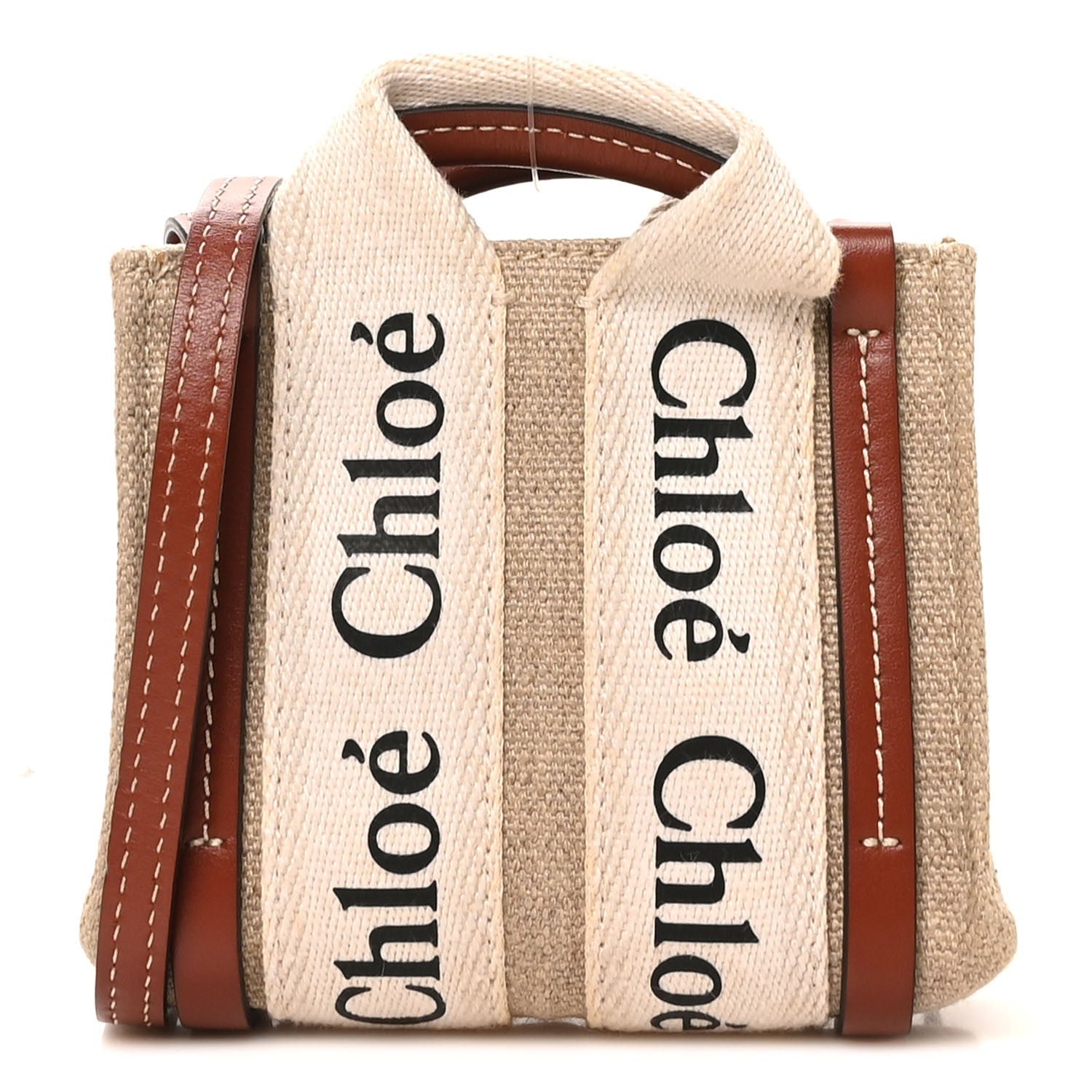 Chloe Cotton Calfskin Nano Woody Ribbon Tote White Brown
