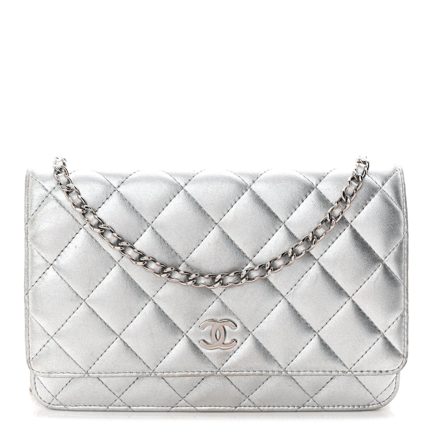 Chanel Metallic Lambskin Quilted Wallet On Chain WOC Silver