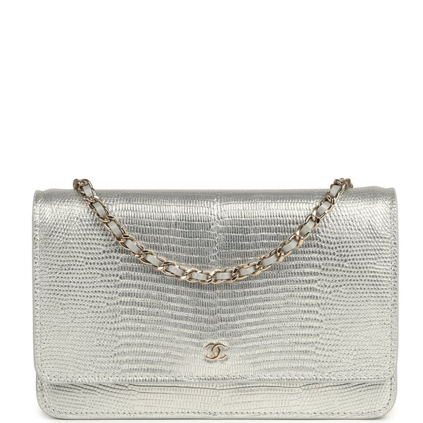 Chanel Wallet On Chain WOC Silver Metallic Lizard Embossed Calfskin Light Gold Hardware