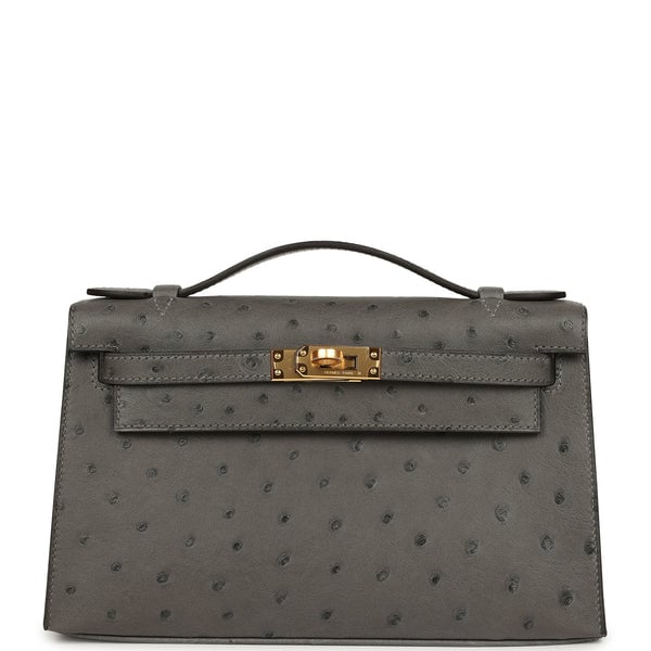 Hermes Hermes Kelly Pochette Gris Meyer Ostrich Gold Hardware